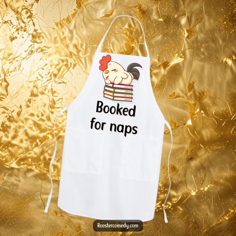 Funny apron featuring a dozing rooster character, fluffy tail, accidentally toppling books, ideal for a humorous cooking experience.