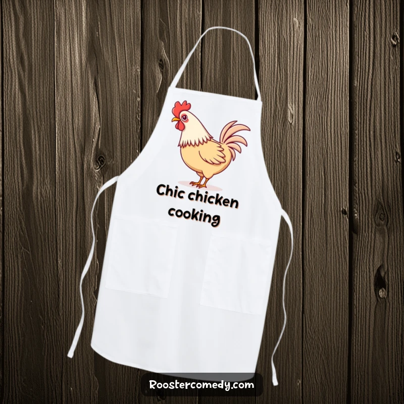 Funny Kawaii rooster apron depicting a cute rooster playfully wagging its tail feathers.