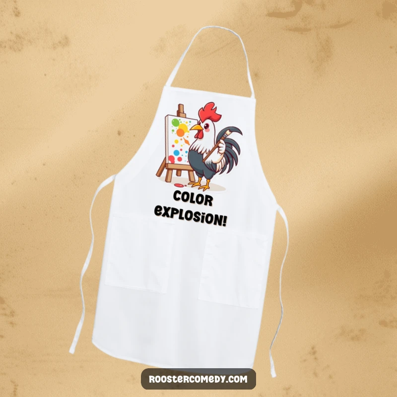 Funny apron depicting a rooster enthusiastically painting, perfect for protecting clothes during art creation.