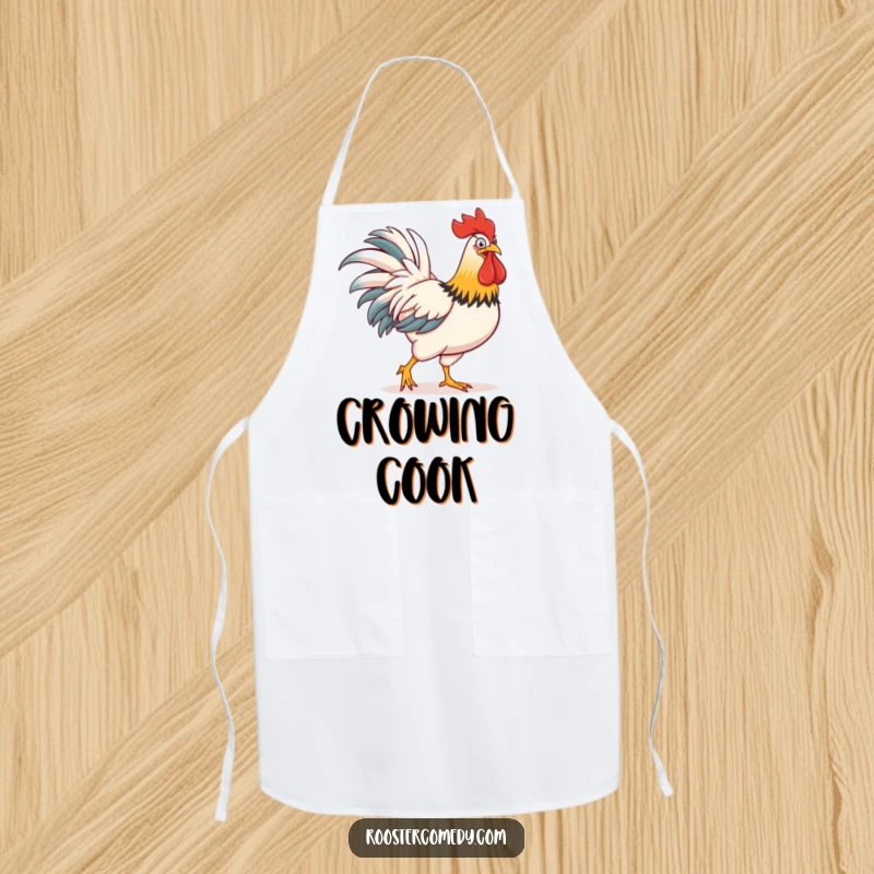 Funny apron showing a strutting rooster with a comically large comb, ready for kitchen duty with personality.