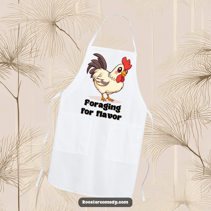 Funny curious rooster apron, showing a rooster with bright eyes intently pecking the ground, ideal for kitchen fun.