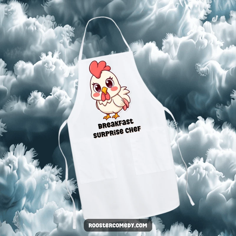 Funny Kawaii rooster with wide, surprised eyes, on a kitchen apron.