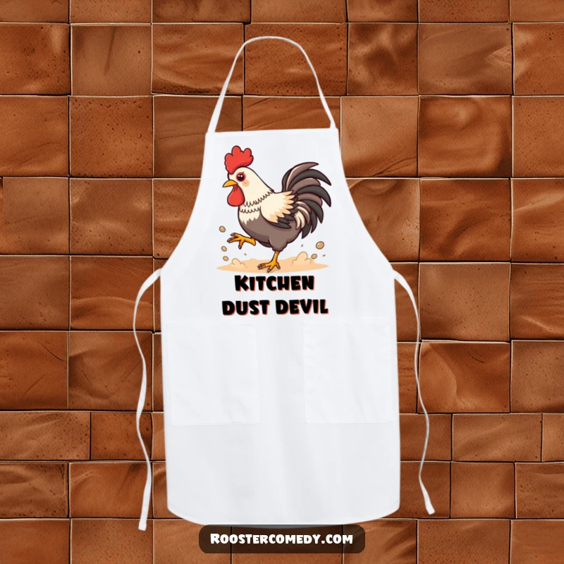 Funny Kawaii Rooster Dust Apron: Playful chicken kicking up dust, fun and protective kitchen wear, ideal for messy cooking.
