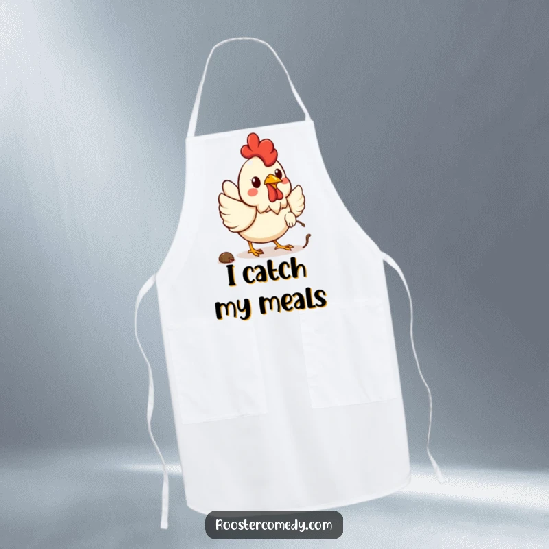 Funny Kawaii rooster apron depicting a cheerful rooster chasing a worm, ideal for kitchen use.