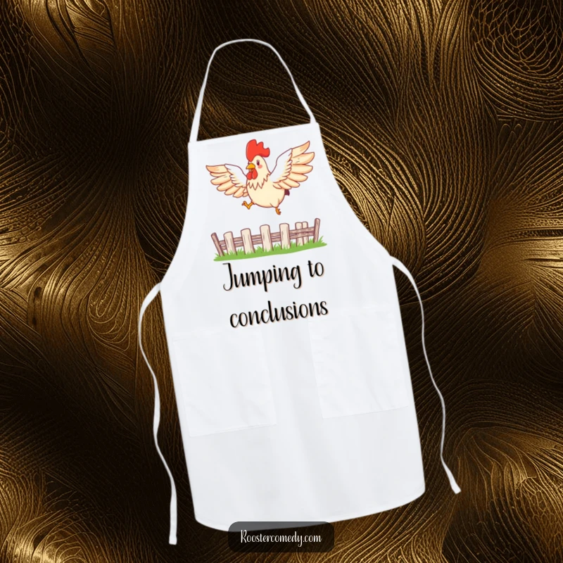 Funny leaping rooster apron designed for a cook, showing a bird with spread wings mid-leap over a fence.