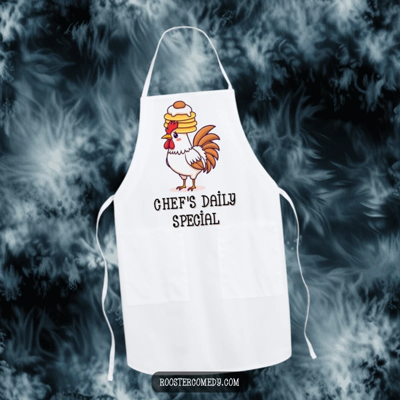 Funny pancake rooster apron, balancing pancakes on head, breakfast accessory, humorous kitchenware, foodie apron.
