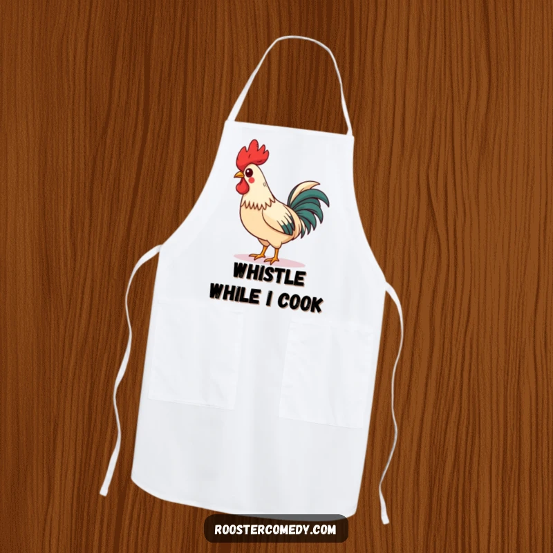 Funny Apron showcasing a charming rooster with a tilted comb, whistling proudly and strutting, bringing a humorous and practical touch to the kitchen.