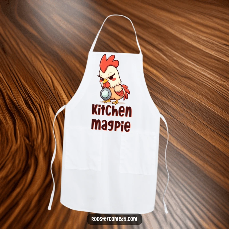 Funny rooster apron, a rooster with a mischievous glint pecking a shiny button, perfect for a humorous kitchen statement.