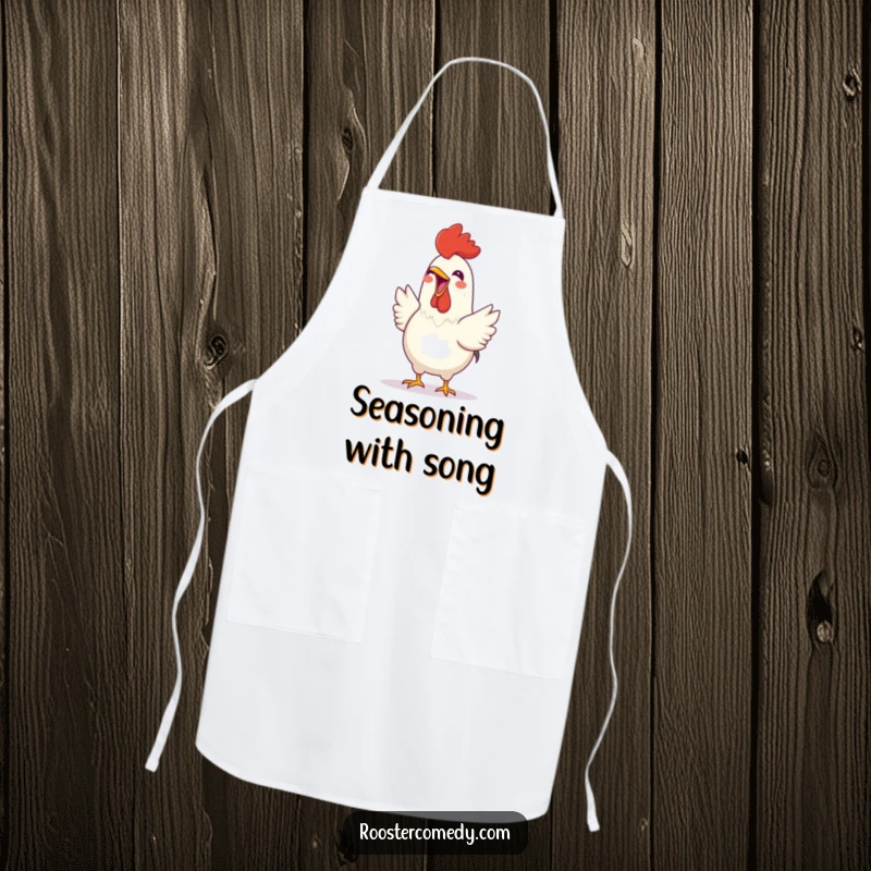 Funny Rooster apron depicting a cheerful bird joyfully crowing with an open beak, ideal for bringing a smile to the kitchen.