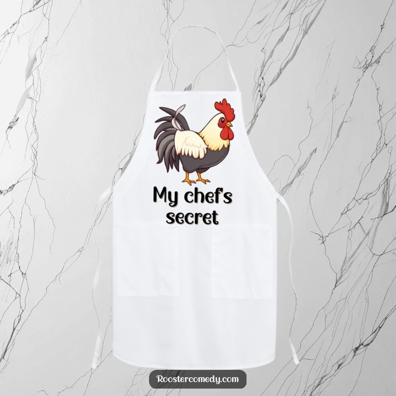 Funny proud rooster apron, a chef's accessory showing a confident chicken presenting a feather, great for kitchen humor.
