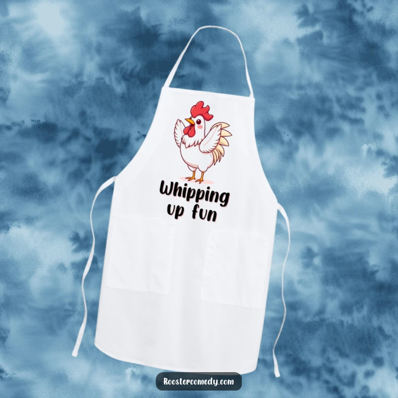 Funny Rooster apron depicting an excited bird flapping its wings energetically, ideal for adding a fun and active vibe to cooking.