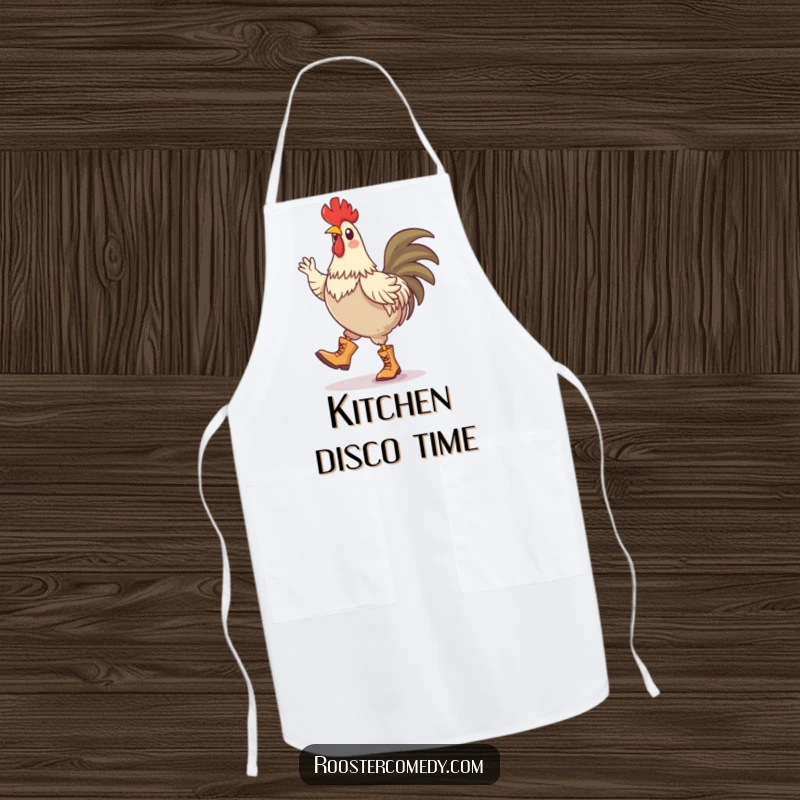 Funny apron showing a rooster wearing tiny boots and doing a silly jig, adding a lively touch to the kitchen.
