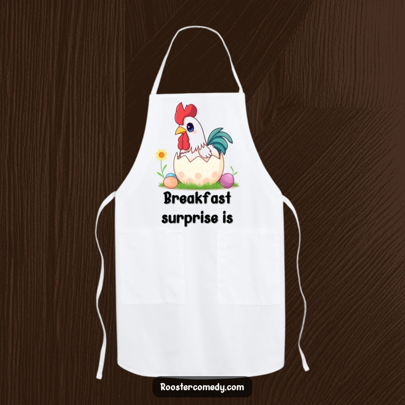 Funny surprise rooster Easter apron, wide eyes, popping out of egg, cooking accessory, humorous kitchenware.