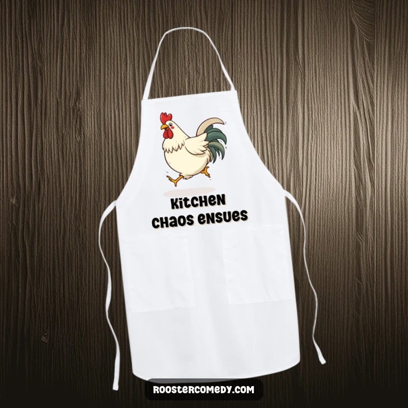 Funny tripping rooster apron designed for a cook, depicting a bird comically losing its footing.