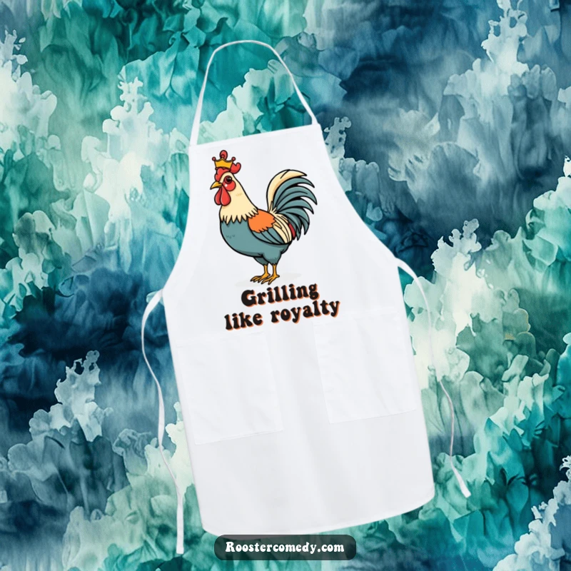 Funny Rooster apron depicting a proud bird wearing a miniature crown while attending to kitchen duties. Ideal for culinary royalty.