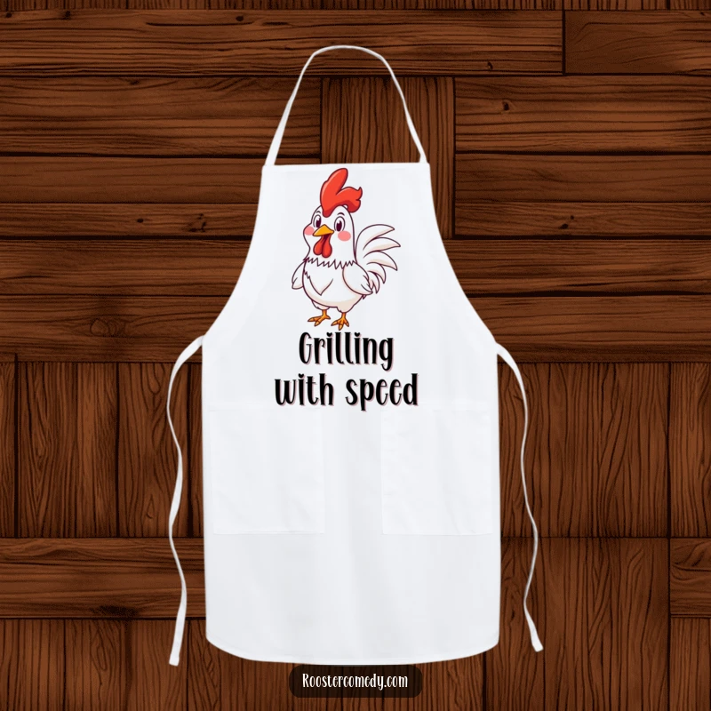 Funny Rooster apron depicting a rooster racing with a wide, goofy grin, ideal for adding a fun and lighthearted vibe to cooking.