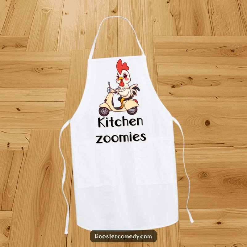 Funny apron showing a rooster riding a scooter with flair, perfect for adding humor to cooking.