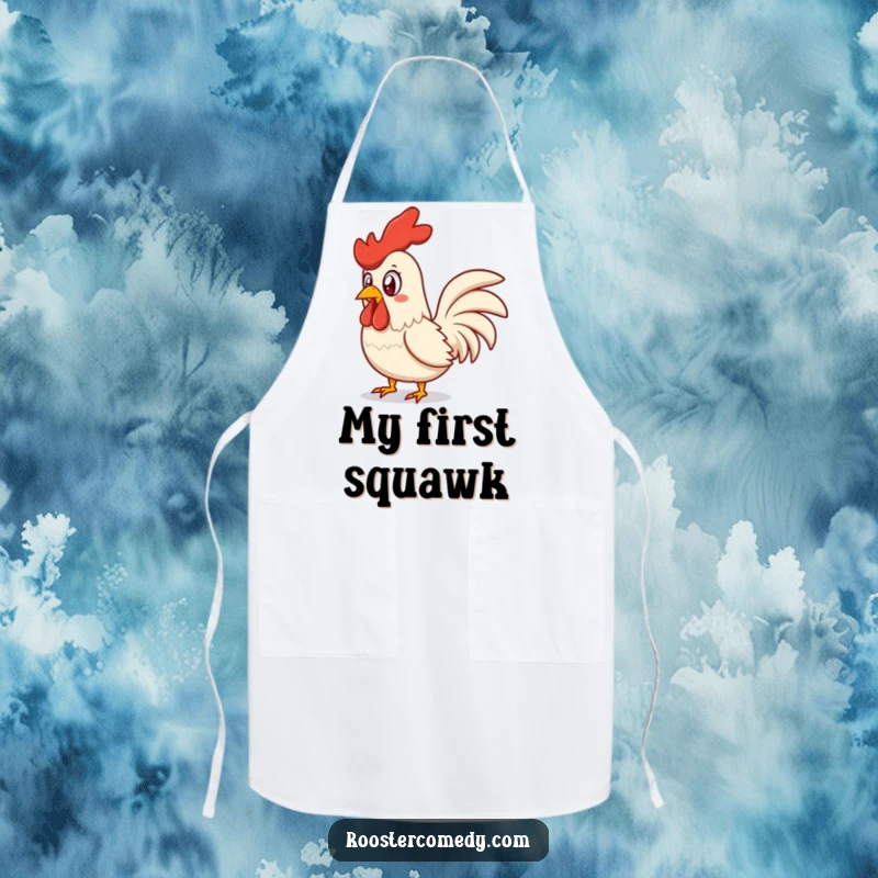 Funny surprised rooster apron, showing a startled chicken mid-squawk, perfect for a humorous kitchen experience.