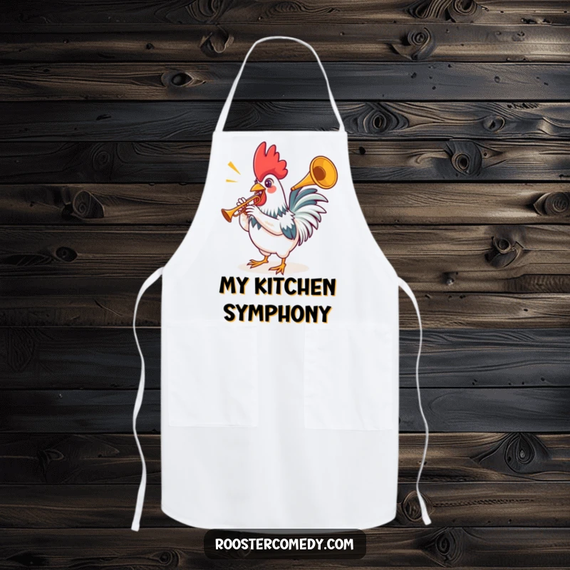 Funny rooster apron designed for a cook, showcasing a bird tooting a tiny trumpet with a flair for performance.