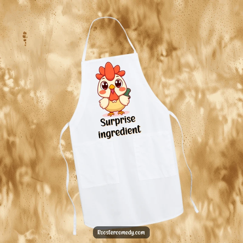 Funny Kawaii rooster apron depicting a surprised rooster with wide, round eyes, looking shocked.