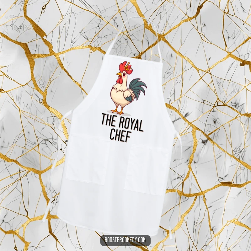 Funny rooster apron, a rooster with a tiny crown strutting proudly, perfect for a regal kitchen statement.
