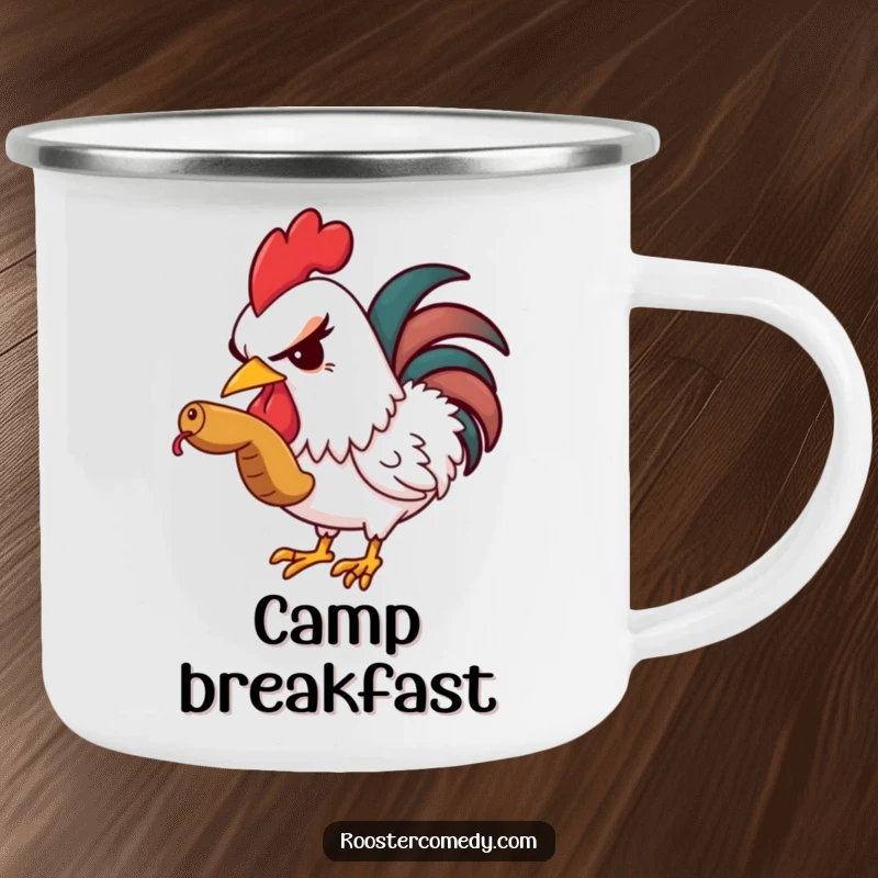 Funny camping mug featuring a rooster winking while eating a worm, perfect for outdoor drinks.