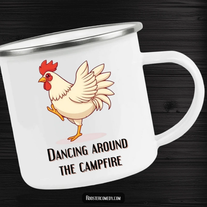 Funny rooster camping mug, depicting a rooster dancing with energetic leg kicks and wing flaps, ready for any outdoor celebration.