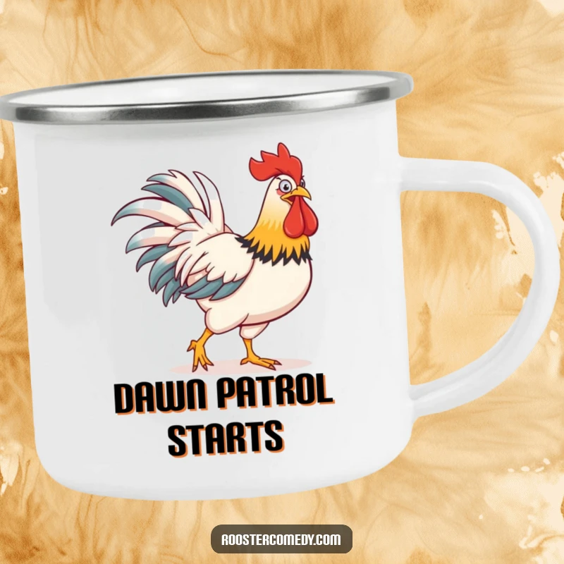 Funny camping mug showing a strutting rooster with an oversized comb, bringing farm humor to your adventures.