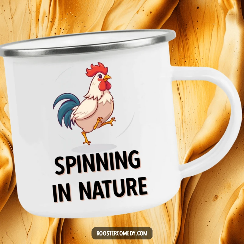 Funny rooster camping mug with a dizzy bird playfully chasing its tail. Ideal for outdoor fun lovers.