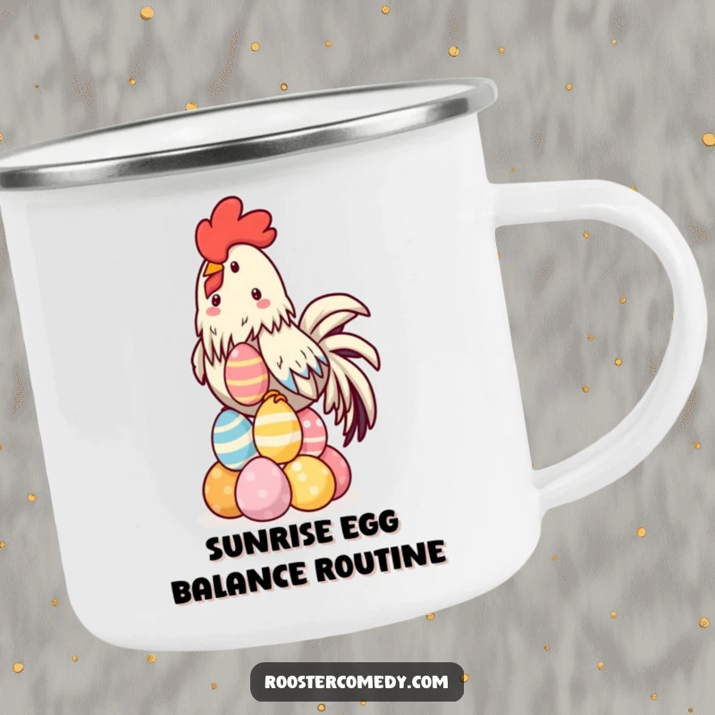 Funny Kawaii Rooster Camping Mug depicting a cheerful rooster balancing a stack of colorful eggs, built for outdoor fun.