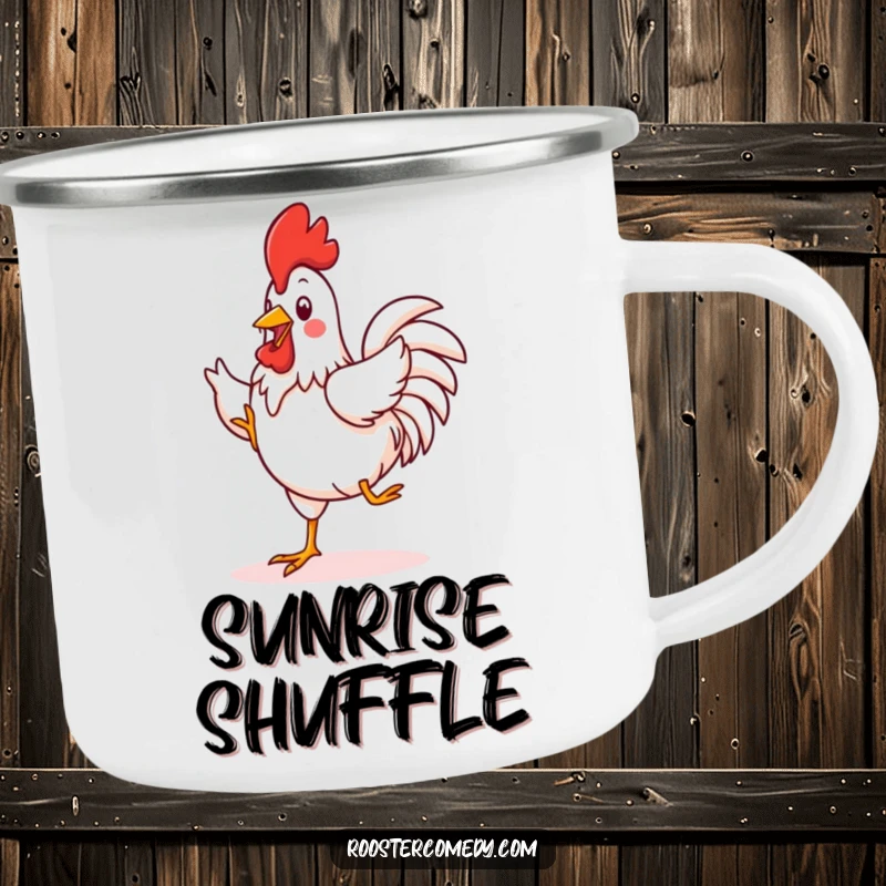 Funny Kawaii Rooster Camping Mug: A durable enamel mug shows a cute rooster doing a silly jig, perfect for outdoor, funny moments.