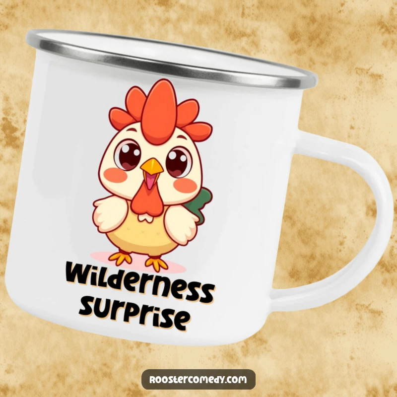 Funny Kawaii rooster camping mug showing a surprised rooster with wide, round eyes, perfect for camping.