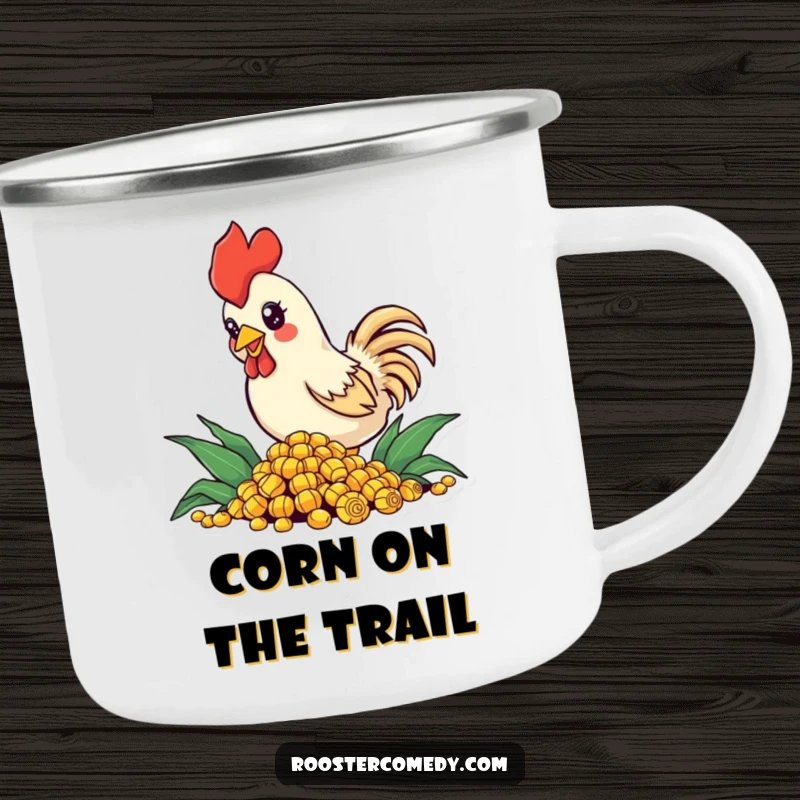 Funny Camping Mug of a small rooster with sparkling eyes, enthusiastically pecking at corn, ready for outdoor enjoyment.