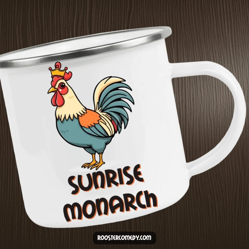 Funny Rooster camping mug showcasing a proud bird with a miniature crown, perfect for enjoying drinks outdoors with a regal and humorous flair.