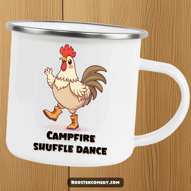 Funny camping mug showing a rooster in tiny boots energetically doing a silly jig, bringing dance vibes to the outdoors.
