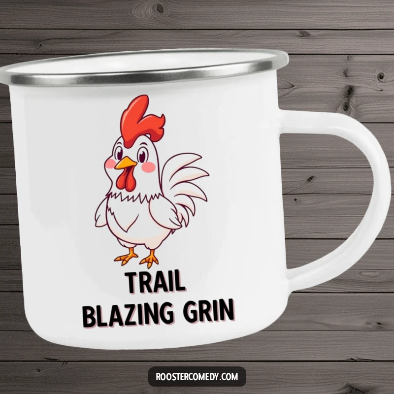 Funny Rooster camping mug showcasing a rooster racing with a wide, goofy grin, perfect for outdoor enthusiasts who love fun and laughter.