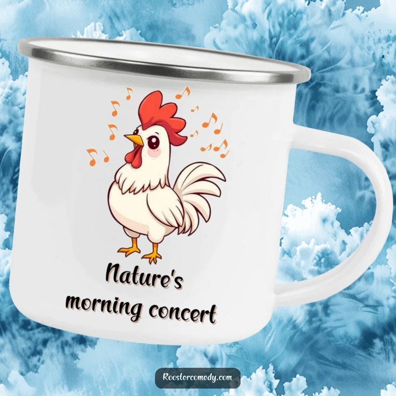 Funny rooster camping mug with a singing bird and musical notes. Ideal for outdoor music lovers.