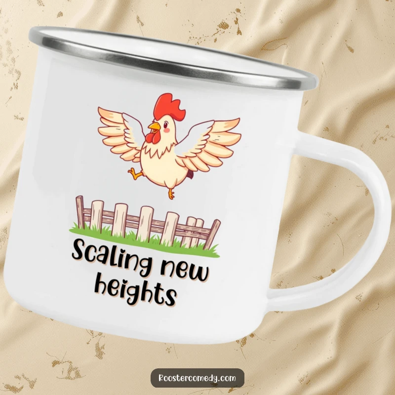 Funny leaping rooster camping mug showing a bird with spread wings leaping over a fence, ready for adventure.
