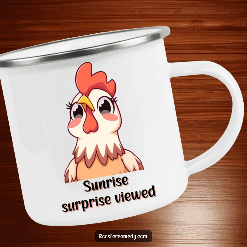 Funny Rooster Sky Surprise Camping Mug: Durable mug with a surprised rooster looking skyward, perfect for morning coffee on adventures.