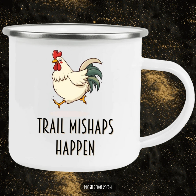 Funny tripping rooster camping mug showing a bird comically stumbling, a humorous addition to outdoor activities.