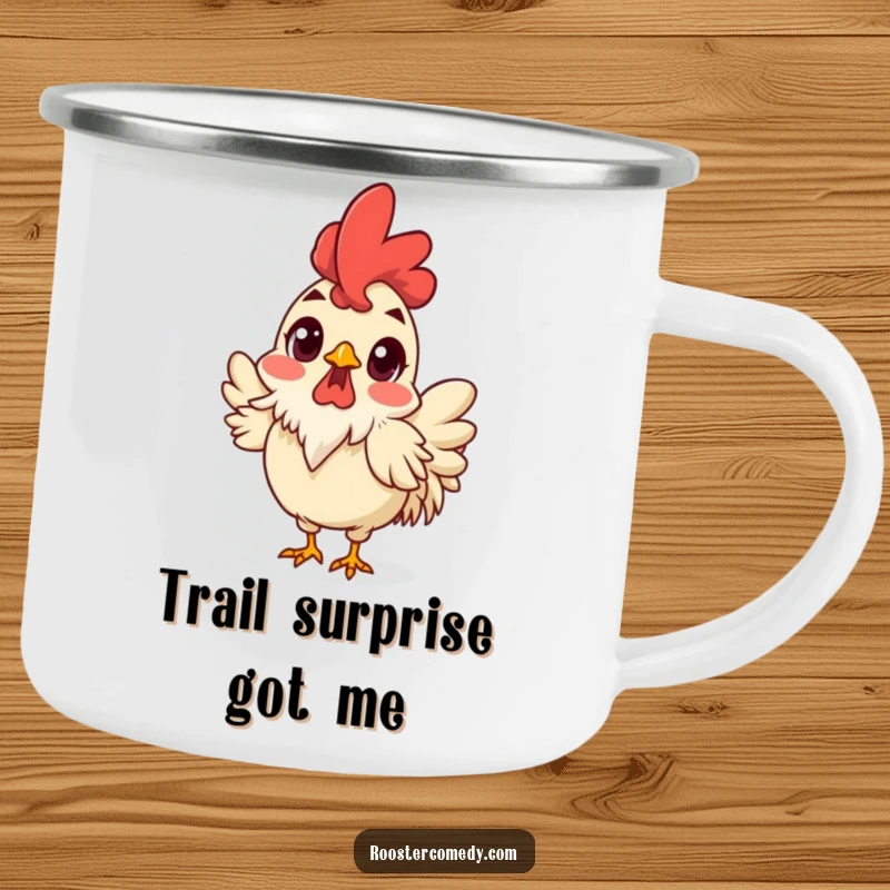 Funny Surprised Rooster Camping Mug, enamel mug with a shocked rooster, wide eyes and ruffled feathers, humorous and funny outdoor gear.