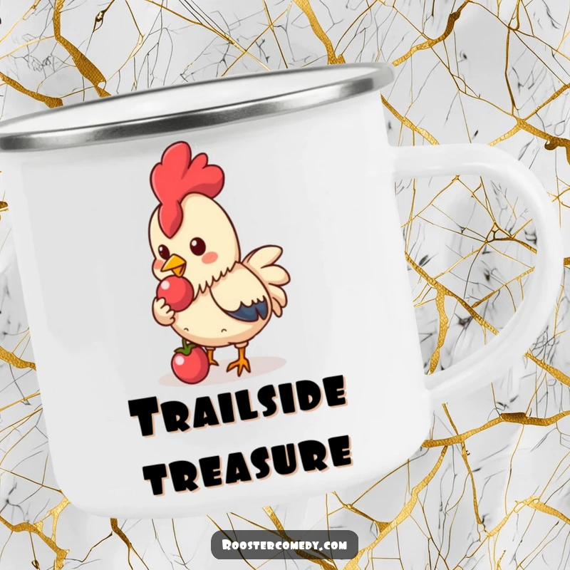 Funny Kawaii Rooster Camping Mug: Cute rooster pecking a shiny berry, rugged funny gift.