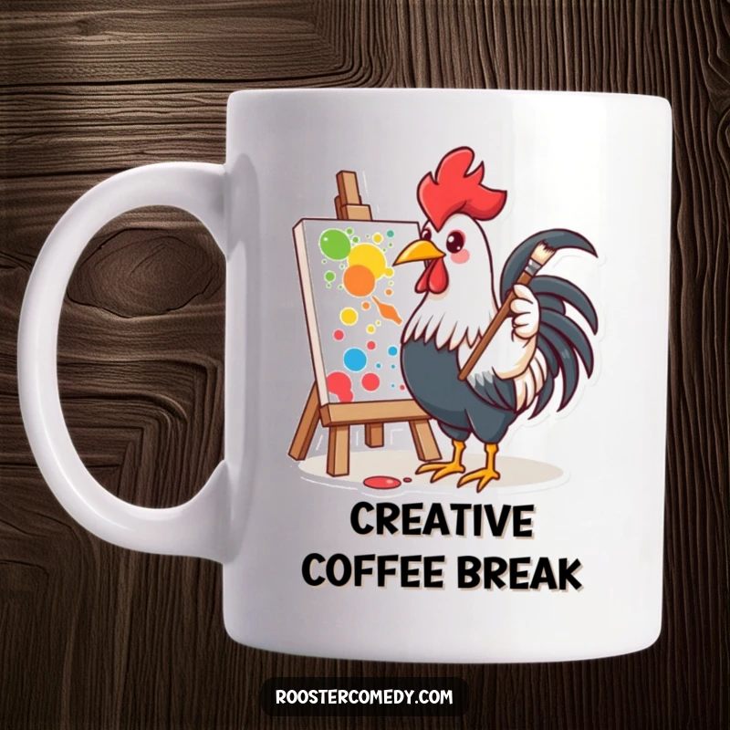 Funny mug depicting a rooster enthusiastically splattering paint on a canvas, symbolizing artistic expression.