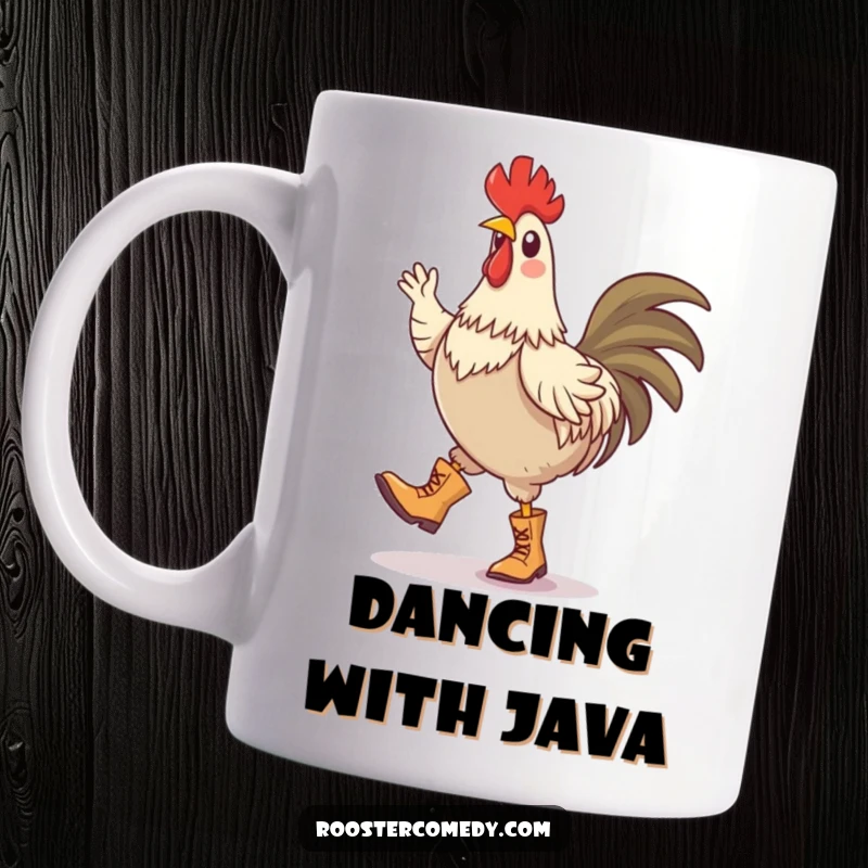 Funny mug showing a rooster wearing minuscule boots, energetically doing a silly jig with a joyous expression.