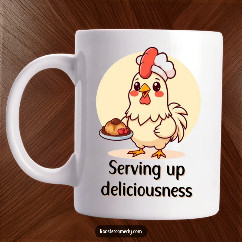 Funny Kawaii rooster wearing a chef hat, presenting a dish of food on a mug.
