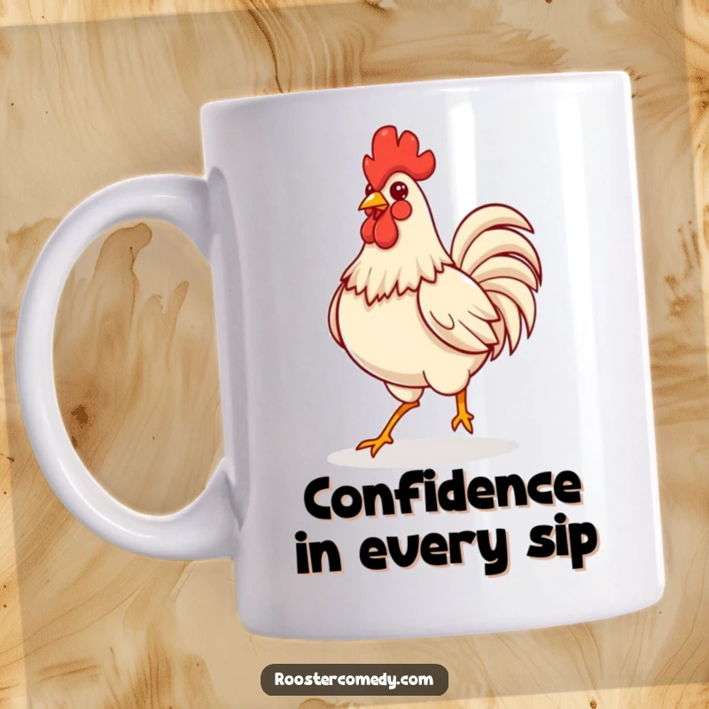 Funny Kawaii rooster strutting confidently with a puffed chest, showing pride on a ceramic mug.