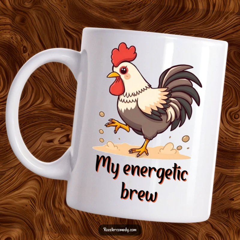 Funny Kawaii Rooster Dust Mug: Playful chicken kicking up dust with energy and joy, perfect for coffee and tea lovers.