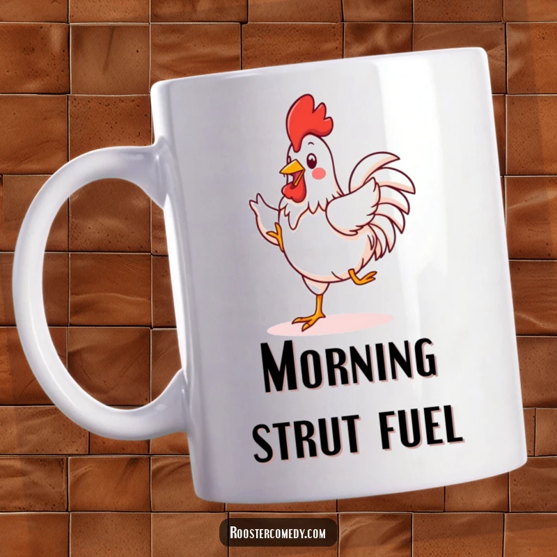Funny Kawaii Rooster Mug: A cute cartoon rooster performs a joyful, silly jig with its feet, showcasing its funny, energetic personality.