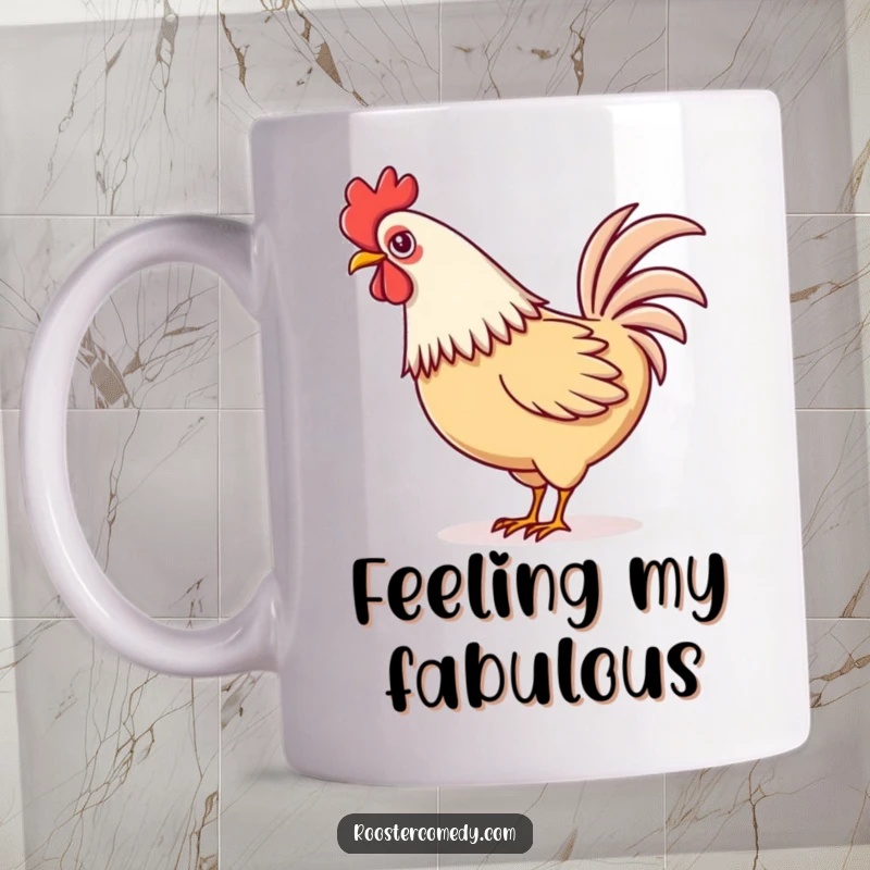 Funny Kawaii rooster mug showing a cute rooster playfully wagging its colorful tail feathers with joy.