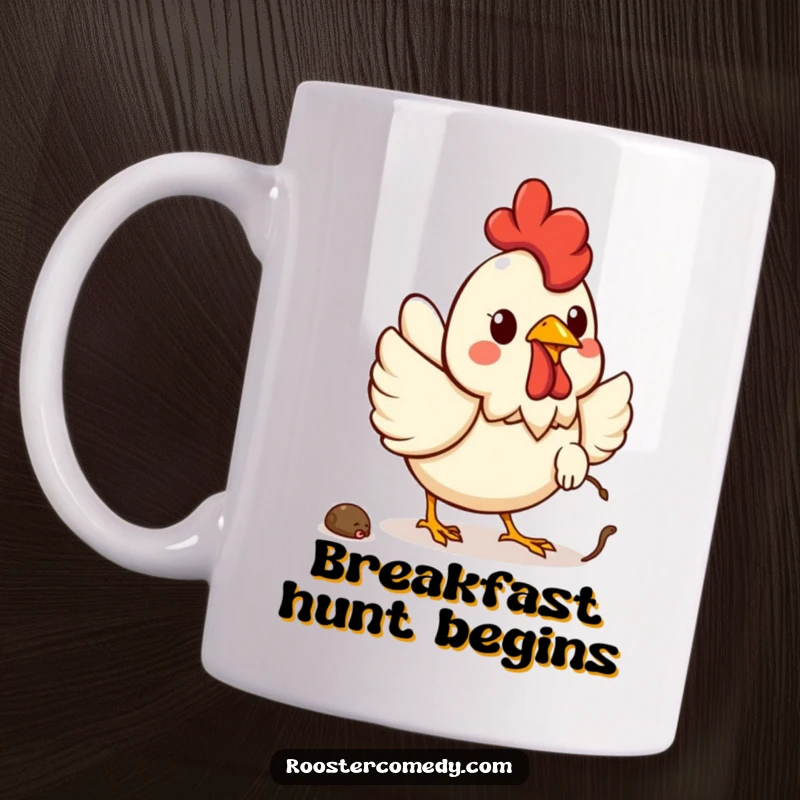 Funny Kawaii rooster mug showing a cheerful rooster happily chasing a worm with determination.